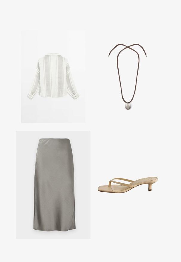 Dlouhý rukáv košile ve světle šedé a bílé barvě, s vertikálními pruhy, límečkem a knoflíkovými manžetami. Vyrobena z texturované, lehké tkaniny.; Šedá saténová midi sukně s elegantní, hladkou texturou. Jemné boční rozparky zvyšují pohyb. Minimalistický design, upnutý pas a rovný silueta.; Béžové sandály na podpatku se čtvercovou špičkou. Vyrobené z hladkého materiálu, s tenkými popruhy a nízkým blokovým podpatkem.; Náhrdelník s hnědou šňůrou a stříbrným oválným přívěskem. Přívěsek má hladký povrch a mírné prohloubení ve středu.