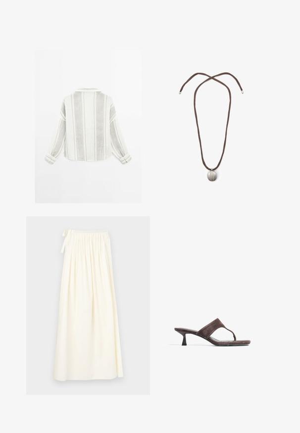 Langarmhemd in Hellgrau und Weiß, mit vertikalen Streifen, einem Kragen und geknöpften Manschetten. Hergestellt aus einem strukturierten, leichten Stoff.; Langer, cremefarbener Rock aus leichtem Stoff; verfügt über einen elastischen Bund mit Kordel und ein fließendes Design mit minimaler Textur.; Braune Wildleder-Sandalen mit einem Zehensteg, niedrigem Kitten-Absatz und einer glatten, flachen Sohle. Minimalistisches Design mit einer eleganten Silhouette.; Halskette mit einem braunen Band und einem silbernen ovalen Anhänger. Der Anhänger hat eine glatte Oberfläche und eine leichte Vertiefung in der Mitte.
