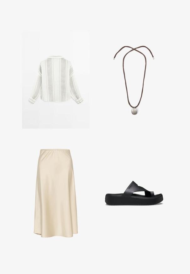Langarmhemd in Hellgrau und Weiß, mit vertikalen Streifen, einem Kragen und geknöpften Manschetten. Hergestellt aus einem strukturierten, leichten Stoff.; Beige Satin A-Linienrock mit elastischem Bund, glatter Textur und fließender Silhouette, die sanft zur Saumkante verläuft.; Schwarze Plattform-Flip-Flops mit einer strukturierten Gummisohle, die ein Kreuzriemen-Design und eine matte Oberfläche aufweisen. Das Markenlogo ist dezent an der Seite angebracht.; Halskette mit einem braunen Band und einem silbernen ovalen Anhänger. Der Anhänger hat eine glatte Oberfläche und eine leichte Vertiefung in der Mitte.