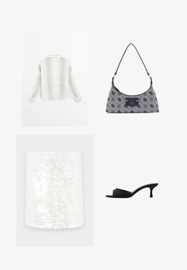 Langarmhemd in Hellgrau und Weiß, mit vertikalen Streifen, einem Kragen und geknöpften Manschetten. Hergestellt aus einem strukturierten, leichten Stoff.; Weißer Paillettenstoff-Tube mit glatter Oberfläche. Pailletten reflektieren Licht und erzeugen einen schimmernden Effekt. Die Kanten sind sauber verarbeitet.; Schwarze Absatzmules mit einer breiten, offenen Zehenpartie und einem geschwungenen Oberteil. Hergestellt aus strukturiertem Stoff, mit einem schlanken Absatz und einer glatten Sohle.; Hobo-Handtasche aus navyblauem Stoff mit einem Diamantmuster, ausgestattet mit einem Logo-Schild und einem glatten Schultergurt. Strukturiert Oberfläche.