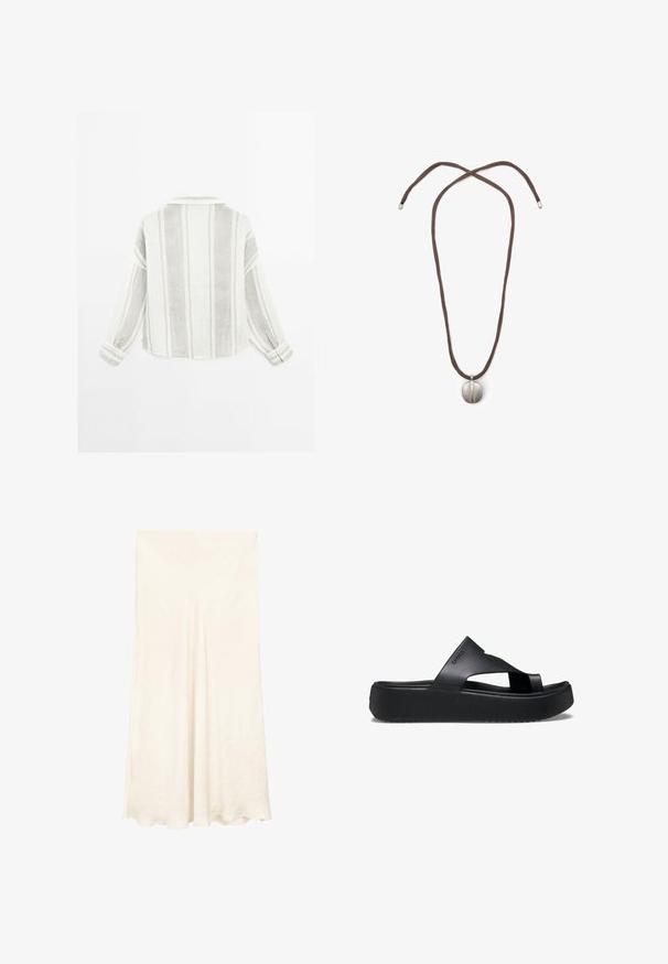 Langarmhemd in Hellgrau und Weiß, mit vertikalen Streifen, einem Kragen und geknöpften Manschetten. Hergestellt aus einem strukturierten, leichten Stoff.; Weiße, fließende Maxiröcke aus strukturiertem Stoff. Verfügt über ein hoch geschnittenes Design und einen sanften Fall. Der Saum ist am Boden sanft gewölbt.; Schwarze Plattform-Flip-Flops mit einer strukturierten Gummisohle, die ein Kreuzriemen-Design und eine matte Oberfläche aufweisen. Das Markenlogo ist dezent an der Seite angebracht.; Halskette mit einem braunen Band und einem silbernen ovalen Anhänger. Der Anhänger hat eine glatte Oberfläche und eine leichte Vertiefung in der Mitte.