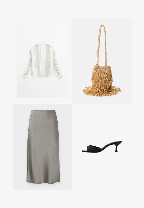 Koszula z długimi rękawami w jasnoszarym i białym kolorze, z pionowymi paskami, kołnierzykiem i zapinanymi mankietami. Wykonana z teksturowanej, lekkiej tkaniny.; Szara satynowa spódnica midi o gładkiej, jedwabistej teksturze. Delikatne boczne rozcięcia podkreślają ruch. Minimalistyczny design, dopasowana talia i prosta sylwetka.; Czarne klapki na wysokim obcasie z szerokim, otwartym noskiem i zakrzywioną cholewką. Wykonane z teksturowanej tkaniny, z wąskim obcasem i gładką podeszwą.; Złota torebka z koralikami o frędzelkowym wzorze; zawiera łańcuszkowy pasek oraz warstwowe, teksturowane ozdoby, które sięgają od podstawy.