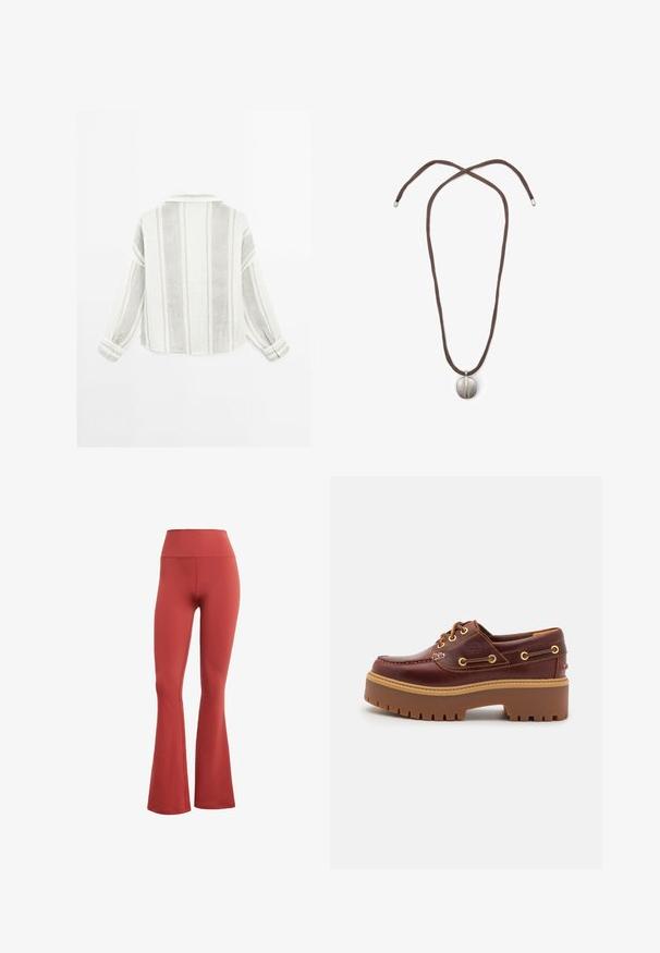Langærmet skjorte i lysegrå og hvid, med vertikale striber, krave og knapmanchetter. Lavet af et struktureret, letvægtsstof.; Hvid bomulds t-shirt med korte ærmer, rund halsudskæring og en afslappet pasform. Glat tekstur og enkelt design, ingen mønstre eller detaljer.; Røde flared leggings med høj talje, lavet af strækbart materiale. Glat tekstur uden synlige mønstre eller hardware.; Brune læder bådsko med en kraftig brun gummisål, gyldne snørehuller og kontraststing. Har et logo på siden.; Halskæde med en brun snor og en sølv oval vedhæng. Vedhænget har en glat overflade og en let fordybning i midten.