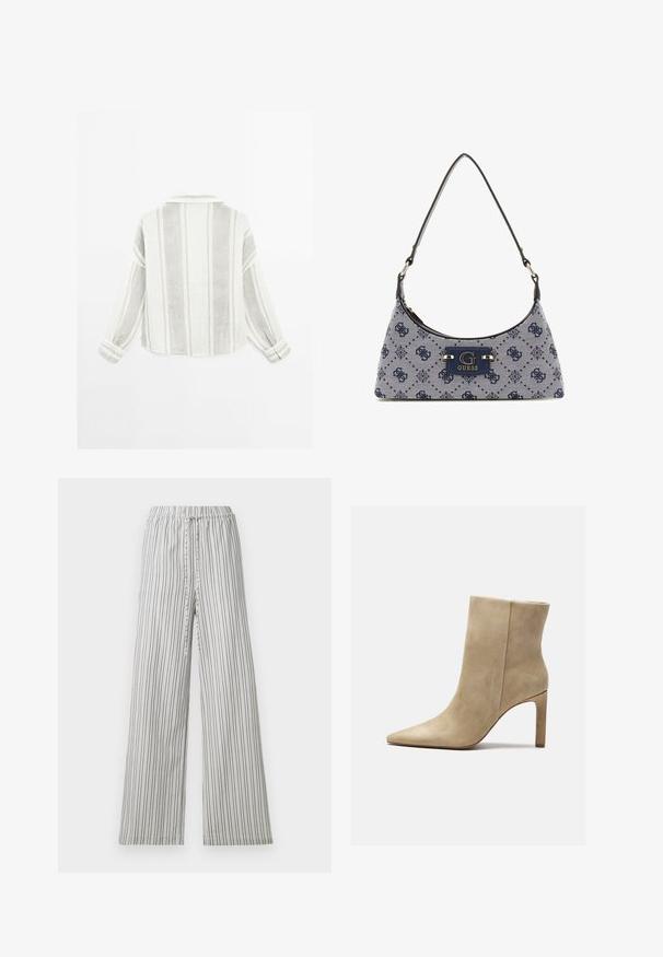 Dlouhý rukáv košile ve světle šedé a bílé barvě, s vertikálními pruhy, límečkem a knoflíkovými manžetami. Vyrobena z texturované, lehké tkaniny.; Bílé bavlněné tričko s krátkými rukávy, kulatým výstřihem a hladkou texturou. Zadní strana je jednoduchá bez dalších vzorů nebo designů.; Lehké kalhoty s širokými nohavicemi a elastickým pasem. Vertikální šedé a bílé pruhy, měkká látka a volný střih. Bez kapes a kovových prvků.; Zign Kotníková obuv na vysokém podpatku - beige; Kabelka ve stylu hobo z tmavě modré tkaniny s diamantovým vzorem, s logem a hladkým ramenním popruhem. Texturovaný povrch.