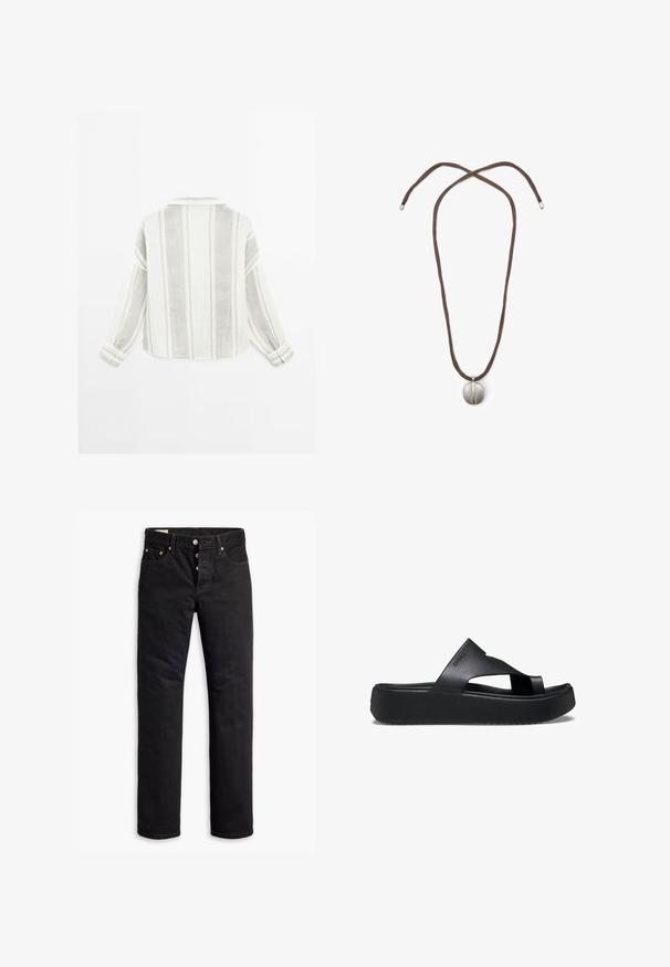 Long-sleeve shirt in light gray and white, featuring vertical stripes, a collar, and buttoned cuffs. Made from a textured, lightweight fabric.; Black denim jeans with a straight cut, five-pocket design, and a button-fly closure. Features copper rivets and stitching accents.; Black platform flip-flop with a textured rubber sole, featuring cross-strap design and a matte finish. Brand logo understated on the side.; Necklace with a brown cord and a silver oval pendant. The pendant has a smooth surface and a slight indentation in the center.