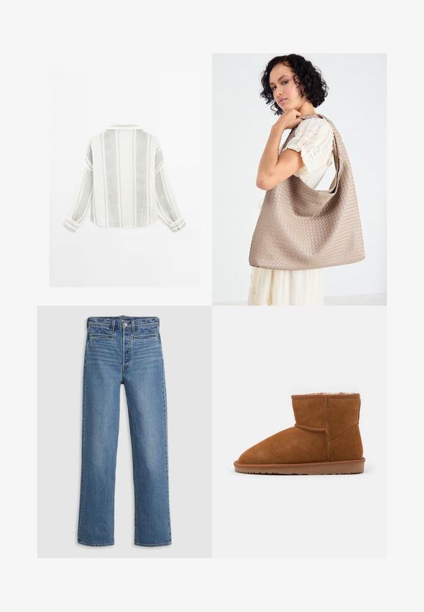 Langærmet skjorte i lysegrå og hvid, med vertikale striber, krave og knapmanchetter. Lavet af et struktureret, letvægtsstof.; Lys blå, lige ben jeans lavet af denim. Funktioner inkluderer en knaplukning, fem lommer og diskret slid. Ingen udsmykninger eller mønstre.; Brune ruskind ankelstøvle med en afrundet tå og blød foring, der har en flad gummisål og minimale syninger.; Vævet beige tote taske med et afslappet design og en enkelt skulderrem. Har et struktureret mønster over hele overfladen.; Gennemsigtig akrylhårklipper med en subtil iriserende glans. Rund form med seks buede tænder for et sikkert greb om håret.