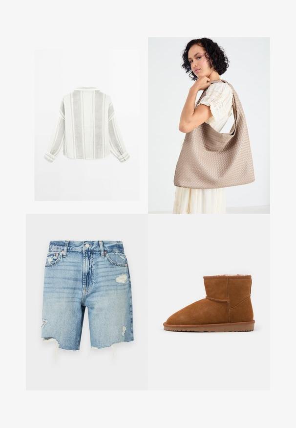 Langærmet skjorte i lysegrå og hvid, med vertikale striber, krave og knapmanchetter. Lavet af et struktureret, letvægtsstof.; Lyseblå denimshorts med højt talje. Har slidte detaljer med frynset kant og flere lommer. Klassisk fem-lommet design.; Brune ruskind ankelstøvle med en afrundet tå og blød foring, der har en flad gummisål og minimale syninger.; Vævet beige tote taske med et afslappet design og en enkelt skulderrem. Har et struktureret mønster over hele overfladen.; Gennemsigtig akrylhårklipper med en subtil iriserende glans. Rund form med seks buede tænder for et sikkert greb om håret.