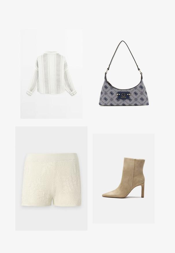 Långärmad skjorta i ljusgrå och vit, med vertikala ränder, krage och knäppte ärmslut. Tillverkad av ett texturerat, lätt tyg.; Stickade shorts i off-white med ett strukturerat mönster. Har en bred elastisk midjeband och en figurnära design.; Zign Klassiska stövletter - beige; Väska i hobo-stil i marinblått tyg med diamantmönster, med en logoplack och en slät axelrem. Texturerad yta.