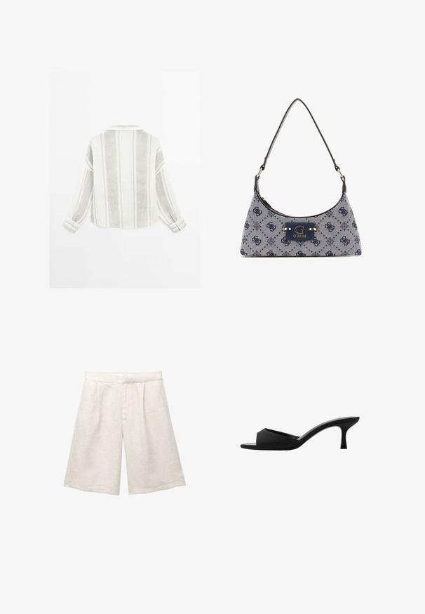 Dlouhý rukáv košile ve světle šedé a bílé barvě, s vertikálními pruhy, límečkem a knoflíkovými manžetami. Vyrobena z texturované, lehké tkaniny.; Beige lněné šortky s širokými nohavicemi, s předními záhyby a hladkým pasem. Materiál má mírně texturovaný povrch.; Černé lodičky na vysokém podpatku s širokým, otevřeným špičkou a zakřiveným svrškem. Vyrobené z texturované látky, mají štíhlý podpatek a hladkou podrážku.; Kabelka ve stylu hobo z tmavě modré tkaniny s diamantovým vzorem, s logem a hladkým ramenním popruhem. Texturovaný povrch.