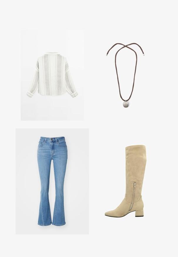 Lange mouwen shirt in lichtgrijs en wit, met verticale strepen, een kraag en knopenmanchetten. Gemaakt van een ge Textureerd, lichtgewicht stof.; Lichtblauwe uitgesneden jeans van denim, met hoge taille, vijf-pocketontwerp en een gefranjerde zoom aan de onderkant. Verweerde textuur aanwezig.; Beige suède kniehoog laars met een spitse neus, blokhak en een rits aan de zijkant voor eenvoudig aan- en uittrekken. Gladde textuur en minimalistisch ontwerp.; Halsketting met een bruine koord en een zilveren ovale hanger. De hanger heeft een glad oppervlak en een lichte indeuking in het midden.