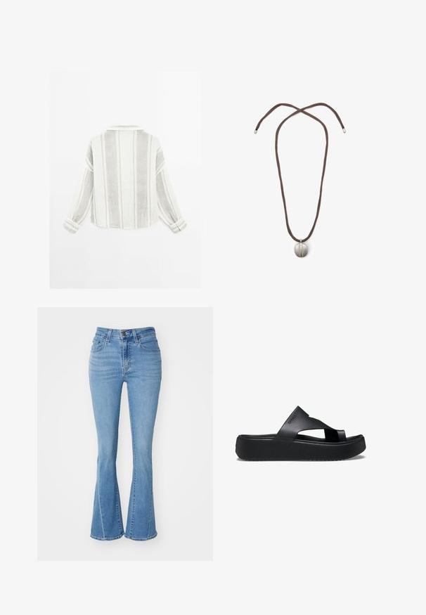 Langarmhemd in Hellgrau und Weiß, mit vertikalen Streifen, einem Kragen und geknöpften Manschetten. Hergestellt aus einem strukturierten, leichten Stoff.; Helle blaue, weite Jeans aus Denim mit hohem Bund, fünf Taschen und ausgefranstem Saum am unteren Ende. Mit einem verwaschenen Textur.; Schwarze Plattform-Flip-Flops mit einer strukturierten Gummisohle, die ein Kreuzriemen-Design und eine matte Oberfläche aufweisen. Das Markenlogo ist dezent an der Seite angebracht.; Halskette mit einem braunen Band und einem silbernen ovalen Anhänger. Der Anhänger hat eine glatte Oberfläche und eine leichte Vertiefung in der Mitte.