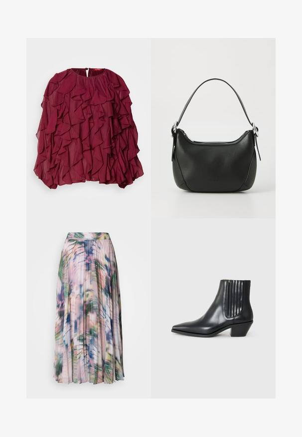 Blusa in chiffon marrone con ruches a strati, scollatura rotonda e chiusura posteriora con bottone; texture fluida e vestibilità ampia.; Gonna midi plissettata in tessuto leggero e trasparente. Presenta un motivo floreale astratto multicolore con sfumature di rosa, verde e blu.; Stivaletto in pelle nera con punta affusolata, pannelli laterali elasticizzati con scanalature verticali e tacco basso a blocco. Texture liscia e design elegante.; Borsa in pelle nera con forma curva, zip argentata e manico corto. Presenta un logo discreto sulla parte anteriore e una texture liscia.