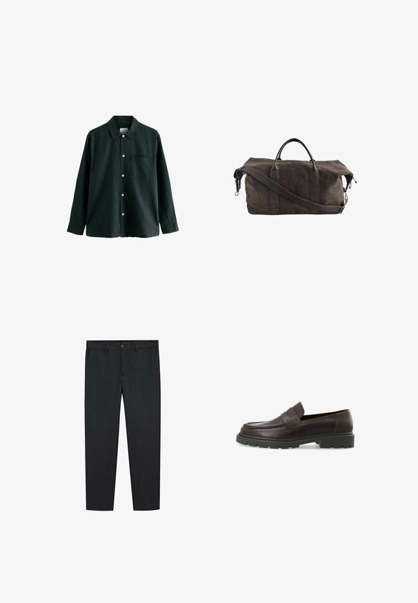 Chemise boutonée vert foncé avec un col, des manches longues et une poche poitrine unique ; elle dispose de boutons blancs et d'une texture douce.; Pantalon noir avec une coupe droite, fabriqué en tissu lisse. Comprend deux poches avant et une fermeture à bouton à la taille.; Mocassins en cuir brun foncé avec une finition texturée, bout arrondi et semelle en caoutchouc noir épais. Présente un accent décoratif en couture.; Sac de voyage en suède marron foncé avec des poignées en cuir et une sangle réglable pour l'épaule, dotée d'une fermeture zippée sur le dessus.