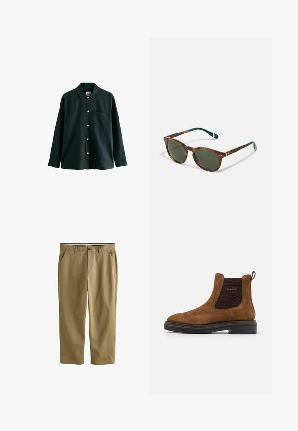 Tummanvihreä napitettava paita, jossa on kaulus, pitkät hihat ja yksi rintatasku; siinä on valkoiset napit ja pehmeä tekstuuri.; Khaki chinot, joka on valmistettu puuvillasekoitteesta. Niissä on kaksi sivutaskua, nappikiinnitys, suorat lahkeet ja sileä pinta.; Ruskeat mokka nilkkurit pyöreällä varvaskärjellä ja elastisilla sivupaneeleilla. Varustettu mustalla teksturoidulla yksityiskohdalla ja vetoketjulla takana. Musta pohja.; Kilpikonnakuosis aurinkolasit, joissa on vihreät linssit, pyöreä muoto, kultaiset yksityiskohdat ja tummanvihreät sankat, joissa on valkoinen raita.