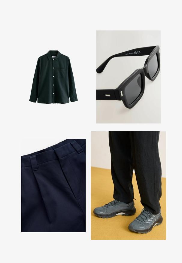 Tmavozelená košeľa na gombíky s golierom, dlhými rukávmi a jednou náprsní kapsou; má biele gombíky a jemnú textúru.; Námornícke plisované nohavice s hladkým, textúrovaným materiálom. Majú plochý pás a pútka na opasok, navrhnuté pre pohodlie a správne sedenie.; Šedé sieťované a syntetické športové topánky s výrazným vzorom podrážky, reflexnými akcentmi a viazaním, skombinované s voľnými čiernymi nohavicami.; Čierne obdĺžnikové slnečné okuliare s matným povrchom, tmavými sklami a striebornými akcentmi na spolkách. Majú hrubý dizajn rámu a hladkú textúru.