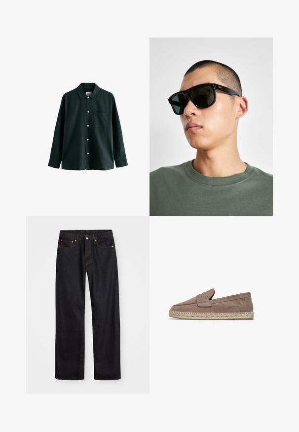 Ciemnozielona koszula z długim rękawem i kołnierzykiem, posiadająca jedną kieszeń na piersi; wyróżnia się białymi guzikami i miękką fakturą.; Męskie jeansy w prostym kroju, czarne, z pięcioma kieszeniami oraz pomarańczowymi strefami, z zapięciem na guzik i zamek z przodu w pasie.; FRED MARTIN COLLECTION - Espadryle; Czarne prostokątne okulary przeciwsłoneczne z ciemnymi szkłami, o charakterystycznym kształcie i logo na zauszniku. Noszone przez osobę w zielonej koszuli.