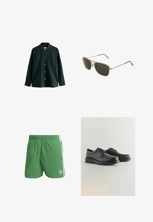 Tumši zaļš krekls ar apkakli, garām piedurknēm un vienu krūšu kabatu; ir baltas pogas un maiga tekstūra.; Zaļi sporta šorti, izgatavoti no viegla materiāla, ar baltām sānu svītrām un Adidas logotipu kreisajā apakšmalā. Elastīga josta.; Melnas ādas kurpes ar teksturētu virsotni, apaļu purngali, auklu aizdari, un biezām gumijas zolēm ar profilētu rakstu.; Zelta metāla aviatoru saulesbrilles ar lieliem tumši zaļiem stikliem, kas aprīkotas ar plānu rāmī un caurspīdīgām deguna paliknēm komfortam.