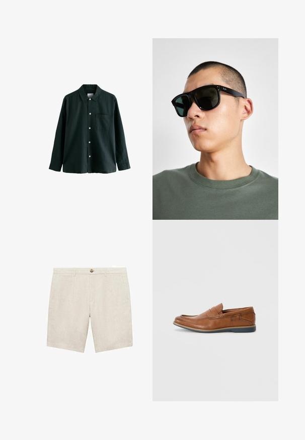 Temnozeleno srajco z gumbom in ovratnikom, dolgimi rokavi in enim žepom na prsih; ima bele gumbe in mehko teksturo.; Svetlo bež lanene kratke hlače z zapiranjem na gumb, dvema stranskima žepoma in gladko teksturo. Dolžina nogavic je nad kolenom.; Rjavi usnjeni loafers s okroglo konico, šivi na površini in nizkim gumijastim podplatom. Oblikovanje vključuje pas čez zgornji del.; Črne pravokotne sončna očala s temnimi lečami, ki imajo značilno obliko in blagovno znamko na ročaju. Nosijo jih oseba v zeleni majici.; Pier One SET - Ura - black/brown