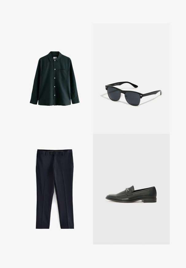 Dunkelgrünes Hemd mit Knöpfen, einem Kragen, langen Ärmeln und einer einzelnen Brusttasche; verfügt über weiße Knöpfe und eine weiche Textur.; Next SLIM FIT ESSENTIAL - Anzughose - navy; Schwarzer Lederloafer mit glatter Oberfläche, ausgestattet mit einer gesteppten Gestaltung und einem dekorativen Metallkettendetail über dem Vorderblatt. Flacher Absatz.; Schwarze Sonnenbrille mit rechteckiger Form, dunklen Gläsern, silbernen Akzenten an den Bügeln und mattierter Oberfläche des Rahmens.