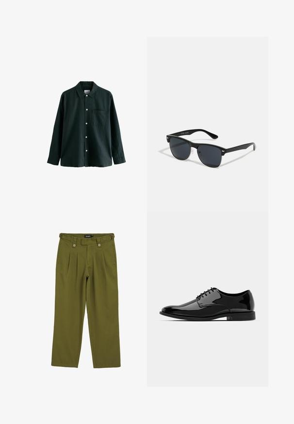 Tume roheline nööbitav särk, millel on krae, pikad varrukad ja üks rindade tasku; sisaldab valgeid nööpe ja pehmet tekstuuri.; Oliivrohelised voltidega püksid otse lõikega. Omavad kahte esist nuppu, vöökoharihma silmuseid ja sileda tekstuuriga kangast.; Mustan läikiva nahast kleitking, millel on ümar varvas, nööridega disain ja sile, läikiv pind. Omab madalat kummitalda.; Mustad mustmikrooni kujuga mustad prillid, tumedate klaasidega, hõbedased detailid templite juures ja mati viimistlusega raam.