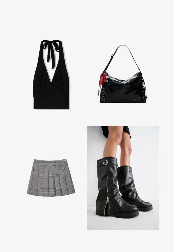 Haut noir à dos nu avec un décolleté en V profond, des lanières nouées au cou et des détails froncés à la taille, fabriqué dans un tissu lisse.; Jupe à carreaux gris avec des accents roses, design plissé, une taille avec passants de ceinture et une fermeture à boucle en argent à l'avant.; Bottes en cuir noir montantes avec une tige large, dotées d'une fermeture éclair sur le côté et d'un accent de boucle, finition texturée et semelle en caoutchouc épaisse.; Sac à main en cuir noir au design décontracté, avec des détails lacés sur les côtés et une étiquette d'accent rouge. Dispose d'une longue bandoulière réglable.