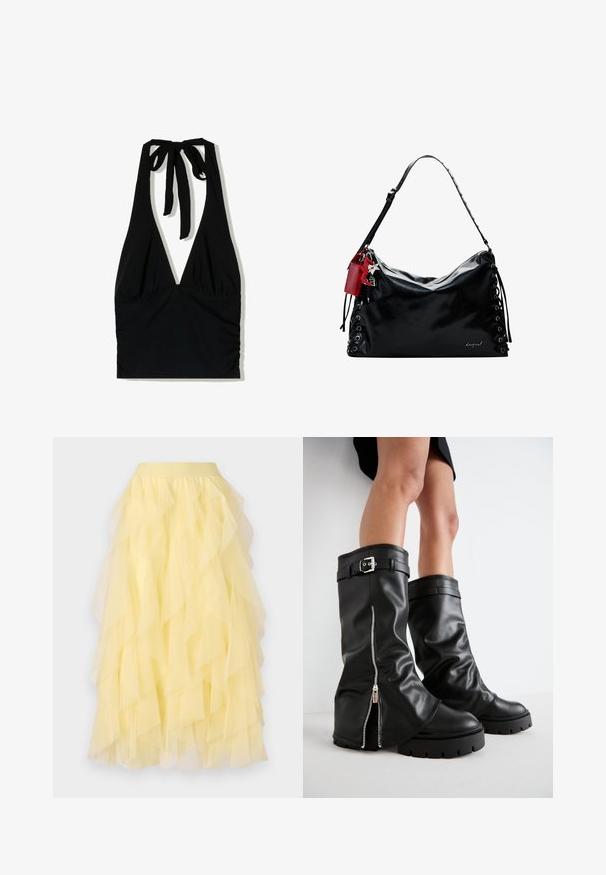 Sort halterneck-top med dyb V-udskæring, bundet stropper om halsen og rynkede detaljer ved taljen, lavet af et glat stof.; Gul tiered nederdel lavet af gennemsigtig tyl, med en udvidet silhuet, der har overlappende flæser og en elastisk talje.; Sorte læderknæhøje støvler med en bred skaft, der har en sidelukning med lynlås og spændeaccent, tekstureret finish og chunky gummisål.; Sort læder håndtaske med et slaskede design, snøre detaljer på siderne og et rødt accentmærke. Har en lang justerbar rem.