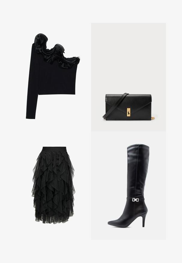 Melnā vienas pleca blūze ar viļņotu caurspīdīgu apdari ap kaklu, izgatavota no viegla auduma ar gludu tekstūru.; Melnā midi svārki, izgatavoti no slāņota tilla ar rumbu dizainu. Iekļauj elastīgu jostu. Caurspīdīgs audums pievieno tekstūru un kustību.; Melnas ādas ceļgala zābaki ar smailu degunu, augstu stiletto papēdi un dekoratīvu sudraba sprādzi ap potīti.; Melnas ādas maku ar pārklājošu flapu, zelta detaļām, ar logotipa akcentu. Ietver noņemamu siksniņu pārvadāšanai.