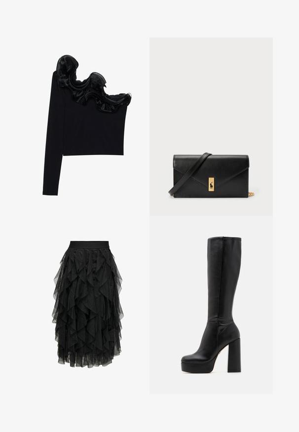 Crna bluzica s jednim ramenom koja se ističe prozračnim volanima uz dekolte, izrađena od lagane tkanine s glatkom teksturom.; Crna midi suknja od slojeng tulle s volanima. Ima elastičnu struk. Prozirna tkanina dodaje teksturu i pokret.; Crne čizme do koljena izrađene od glatke kože s teksturiranim završetkom, s visokim blok petom i dizajnom okruglog nožnog dijela.; Crna kožna novčanica s preklopom, zlatnim hardverom i akcentom s logom. Uključuje odvojivi remen za nošenje.