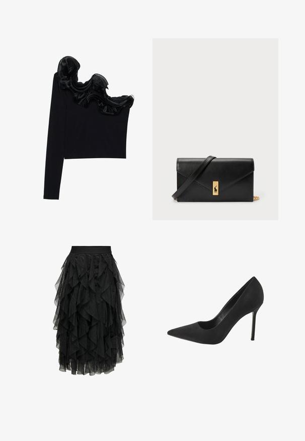 Top nero a spalla singola con sovrapposizione trasparente arricciata lungo il collo, realizzato in tessuto leggero con una texture morbida.; Gonna midi nera realizzata in tulle a strati con un design arricciato. Presenta una vita elastica. Il tessuto trasparente aggiunge texture e movimento.; Pump neri in suede con tacco alto, punta affusolata e dettaglio a taglio sul lato; presenta un sottile tacco a stiletto e una fodera interna liscia.; Portafoglio in pelle nera con pattina a pieghe, accessori dorati, con un logo decorativo. Include una tracolla staccabile per il trasporto.