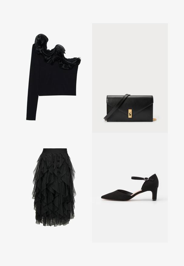 Top negru cu un umăr, având un overlay transparent și ondulat pe guler, confecționat dintr-un material ușor, cu o textură netedă.; Fustă midi neagră, confecționată din tul stratificat, cu un design volanat. Dispune de o talie elastică. Materialul transparent adaugă textură și mișcare.; Pantofi cu toc din suede negru, cu vârful ascuțit, curea la gleznă cu cataramă circulară și toc mic pătrat. Textură netedă și design minimalist.; Portofel din piele neagră, cu clapetă pliabilă, accesorii din aur, având un accent cu logo. Include o curea detașabilă pentru purtare.