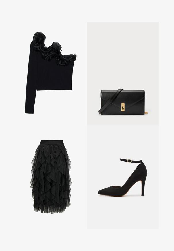 Svart axelbandslös topp med en volangig genomskinlig överdel längs halsringningen, tillverkad av lätt tyg med en slät yta.; Svart midikjol gjord av lager av tyll med volangdesign. Har ett elastiskt midjeband. Transparent tyg ger textur och rörelse.; Svart mocka högklackad sko med spetsig tå och ankelrem. Har en gyllene spänne och en smal, avsmalnande klack.; Svart läderplånbok med vikbar lucka, guldhardware och logotypdetalj. Inkluderar en avtagbar rem för bärande.