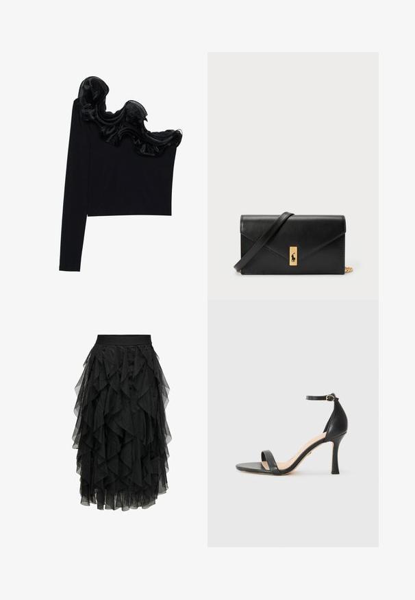 Juodas vieno peties marškinėlis su raukšlėtu permatomu apdaila aplink kaklą, pagamintas iš lengvos medžiagos su glotnia tekstūra.; Juodasis midijų sijonas, pagamintas iš sluoksniuoto tiulio su volančių dizainu. Yra elastinga juosmens juosta. Skaidri medžiaga suteikia tekstūrą ir judesį.; Juodas odinis aukštakulnis sandalai su plona kulkšnies juosta, atvira nosimi ir elegantišku, kreiviniu kulnu. Tekstūruotas padas ir minimalistinis dizainas.; Juodas odinis piniginė su užlenkiama sklende, auksinėmis detalėmis, su logotipo akcentu. Įeina nuimamas diržas nešiojimui.