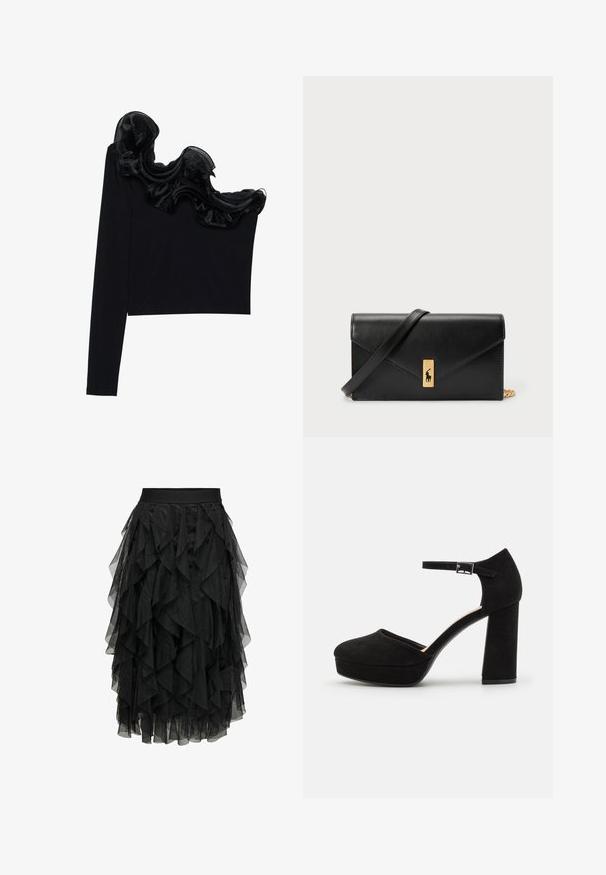 Top noir à une épaule avec un overlay transparent froncé le long de l'encolure, fabriqué à partir d'un tissu léger à la texture lisse.; Jupe noire en tulle superposé avec un design à volants. Elle dispose d'une taille élastique. Le tissu transparent ajoute de la texture et du mouvement.; Talons compensés en suède noir avec un gros talon carré, bout rond et bride de cheville fixée par une boucle en métal. Texture lisse sur l'ensemble.; Portefeuille en cuir noir avec un rabat, matériel en or, mettant en avant un accent de logo. Inclut une sangle détachable pour le transport.