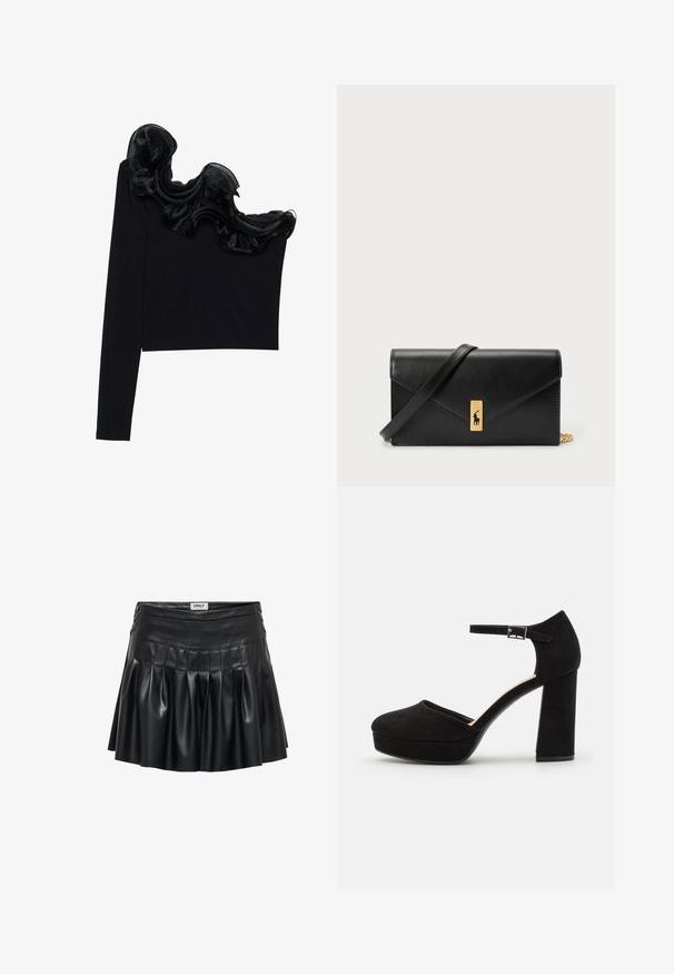 Črn top z enojnim ramenom, ki ima ruffle prosojno prevleko ob izrezu, narejen iz lahkega materiala z gladko teksturo.; Črna umetna usnjena krilca s pliseji, prilegajočim pasom in okrasno strojno opremo na straneh. Gladka tekstura z sijočim zaključkom.; Črne semiš platform škornje z debelim blokastim peto, zaobljenim nosom in gležnjico, ki jo drži kovinska zaponka. Gladka tekstura po celotni površini.; Črna usnjena denarnica s prepognjenim pokrovom, zlato okovje, ki vključuje poudarek z logotipom. Vključuje odstranjljivo naramnico za nošenje.