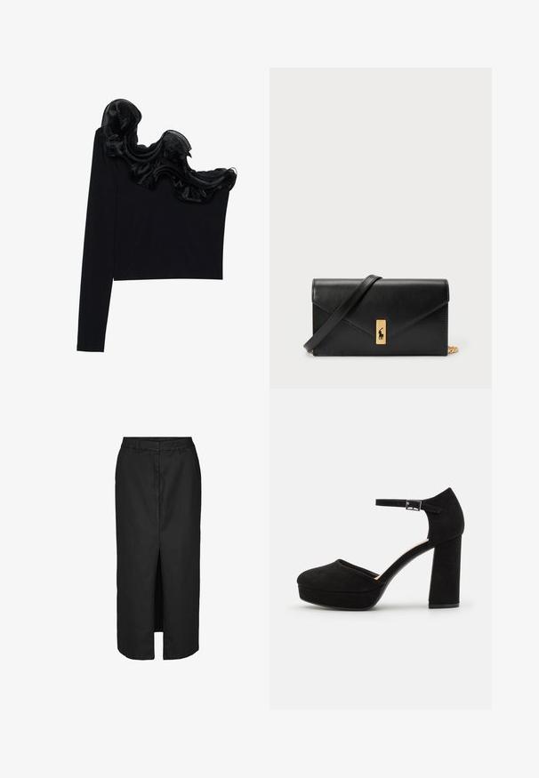 Must have ühe õlavarraga tops, millel on volangne sihvakate kaudu kaeluse ääres, valmistatud kergetest kangastest, millel on sile tekstuur.; Musthave mustriba mustriba, millel on esi lõhik, on valmistatud kerge kangaga. Omab klassikalist vööd ja peeneid külge taskuid.; Mustad nubukist platvormi kõrged kontsad, millel on paks plokknina, ümmargune varvas ja pahkluu rihm, mis on kinnitatud metallist sanga abil. Ühtlane sile tekstuur.; Must mustra rahakott, millel on voltimisega klapp, kuldne riistvaraga, ning millel on logo aktsent. Sisaldab eemaldatavat rihma kandmiseks.