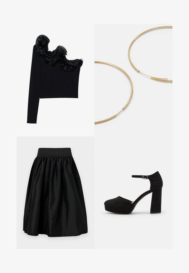 Musta yksi olkapäätoppi, jossa on röyhelöinen läpikuultava päällyste kaula-aukossa, valmistettu kevyestä materiaalista, jossa on sileä rakenne.; Musta polvipituinen hame, joka on valmistettu sileästä ja kiiltävästä kankaasta, jossa on rypytetty vyötärö ja levenevä siluetti. Ei koristeita tai kuvioita.; Mustat mokkanahkaiset korkokengät, joissa on paksu tukikorko, pyöreä kärki ja nilkkavöri, joka on kiinnitetty metallisella soljella. Pintakuvio on sileä.; Kultaiset rengaskorvakorut, ohuet ja pyöreät, joissa on sileä metallipinta ilman koristeluja tai kuvioita.; Mustavärinen nahkalompakko, jossa on käännettävä läppä, kultaiset yksityiskohdat ja logoakseli. Mukana irrotettava olkahihna kuljetusta varten.