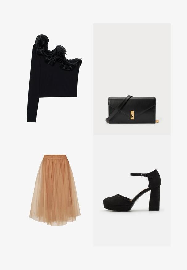 Top negro de un solo hombro con un volante de gasa transparente en el escote, hecho de un tejido ligero con una textura suave.; Masai MASCARLET - Falda acampanada - bisquit; Zapatos de tacón de ante negro, con plataforma y un grueso tacón cuadrado, punta redondeada y una correa en el tobillo asegurada con una hebilla de metal. Textura suave en toda su superficie.; Billetera de cuero negra con solapa plegable, hardware dorado, que presenta un acento de logo. Incluye una correa desmontable para llevarla.