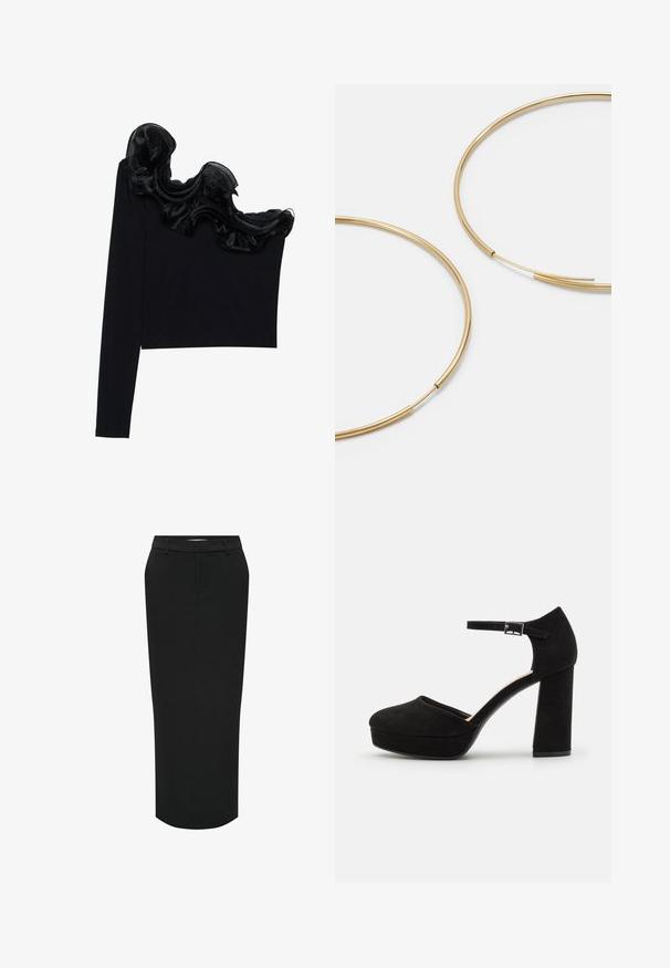 Črn top z enojnim ramenom, ki ima ruffle prosojno prevleko ob izrezu, narejen iz lahkega materiala z gladko teksturo.; Črna, visokoprvaščna oljna krila. Narejena iz gladkega blaga, z ravno silhueto in stranskimi žepi za oblikovan videz.; Črne semiš platform škornje z debelim blokastim peto, zaobljenim nosom in gležnjico, ki jo drži kovinska zaponka. Gladka tekstura po celotni površini.; Zlate obroče ušesne uhane, tanke in krožne oblike, z gladko kovinsko površino brez okrasnih elementov ali vzorcev.; Črna usnjena denarnica s prepognjenim pokrovom, zlato okovje, ki vključuje poudarek z logotipom. Vključuje odstranjljivo naramnico za nošenje.