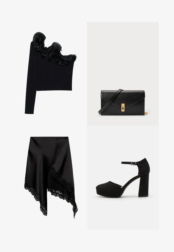 Black one-shoulder top featuring a ruffled sheer overlay along the neckline, made from lightweight fabric with a smooth texture.; Mango A-line skirt - black; Black suede platform heels with a thick block heel, rounded toe, and ankle strap secured by a metal buckle. Smooth texture throughout.; Black leather wallet with a fold-over flap, gold hardware, featuring a logo accent. Includes a detachable strap for carrying.