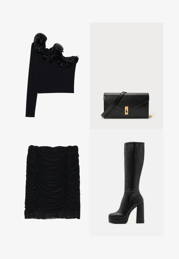 Schwarzes Top mit einem Schulterträger, das mit einem rüschenartigen, transparenten Überzug entlang des Ausschnitts versehen ist, aus leichtem Material mit glatter Textur gefertigt.; Schwarzer Minirock mit gerafftem Stoff, der ein rüschendes Design und einen fransigen Saum aufweist. Hergestellt aus weichem Material mit glatter Textur.; Schwarze knielange Stiefel aus glattem Leder mit strukturierter Oberfläche, ausgestattet mit einem hohen Blockabsatz und einem runden Zehendesign.; Schwarze Leder-Geldbörse mit Klappverschluss, goldfarbener Hardware und Logo-Akzent. Inklusive abnehmbarem Trageriemen.
