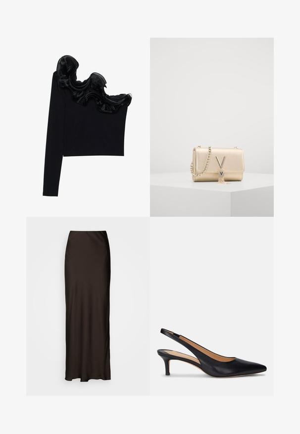 Schwarzes Top mit einem Schulterträger, das mit einem rüschenartigen, transparenten Überzug entlang des Ausschnitts versehen ist, aus leichtem Material mit glatter Textur gefertigt.; Lindex MARY - Maxirock - dark brown; Schwarzer Leder Slingback-Pump mit spitzer Zehenform, niedrigem Kitten-Absatz und glatter Oberfläche. Verfügt über ein offenes Rückendesign und minimale Nahtdetails.; Gold metallische Handtasche mit strukturiertem Finish, ausgestattet mit einer Kettenriemen und einem V-förmigen Verschluss mit einem Quasten-Detail. Kompakte rechteckige Form.