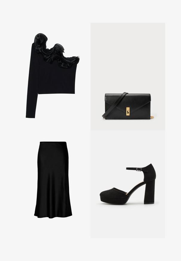 Svart axelbandslös topp med en volangig genomskinlig överdel längs halsringningen, tillverkad av lätt tyg med en slät yta.; Svart satin midi kjol med en slät textur, utställd nederkant och en åtsittande midja, med en enkel, klassisk design.; Svarta mocka plattformsskor med tjock klack, rund tå och ankelsnodd som är säkrad med en metallspänne. Slät yta hela vägen.; Svart läderplånbok med vikbar lucka, guldhardware och logotypdetalj. Inkluderar en avtagbar rem för bärande.