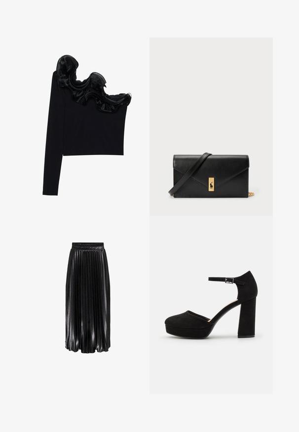 Schwarzes Top mit einem Schulterträger, das mit einem rüschenartigen, transparenten Überzug entlang des Ausschnitts versehen ist, aus leichtem Material mit glatter Textur gefertigt.; Schwarzer, plissierter Midirock mit glänzender Oberfläche, elastischem Bund und auffälligen vertikalen Falten, der ein strukturiertes und fließendes Erscheinungsbild bietet.; Schwarze Wildleder-Plattformabsätze mit einem dicken Blockabsatz, runder Zehenpartie und einem Knöchelriemen, der mit einer Metallschnalle gesichert ist. Glatte Oberfläche über das gesamte Schuhwerk.; Schwarze Leder-Geldbörse mit Klappverschluss, goldfarbener Hardware und Logo-Akzent. Inklusive abnehmbarem Trageriemen.