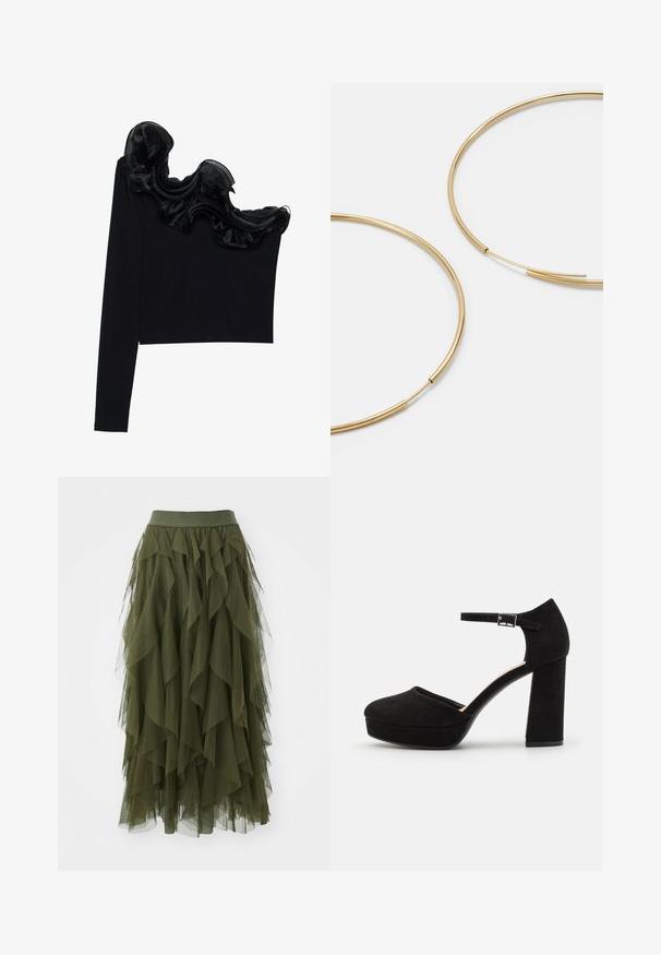 Czarna bluzka na jedno ramię z falbaną z przezroczystego materiału wzdłuż dekoltu, wykonana z lekkiego materiału o gładkiej fakturze.; ONLY ONLSKY khaki; Czarne zamszowe szpilki na platformie z grubym słupkowym obcasem, zaokrąglonym noskiem i paskiem wokół kostki zabezpieczonym metalowym klamrem. Gładka faktura na całej powierzchni.; Złote kolczyki w kształcie cienkich okrągłych obręczy, o gładkim metalicznym wykończeniu, bez zdobień czy wzorów.; Czarny skórzany portfel z klapą, złotą okuciami, z akcentem logo. Zawiera odpinany pasek do noszenia.