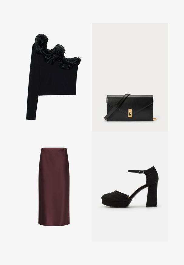 Fekete, egy vállat szabadon hagyó felső, fodros, áttetsző overlay résszel a nyakvonal mentén, könnyű anyagból készült, sima tapintással.; Burgundy selyem ceruza szoknya sima textúrával, közepes hosszúságú fazonnal és testhez álló sziluettel, enyhe fénylő hatással.; Fekete velúr platform sarkú cipők vastag, blokksarkúval, lekerekített orral és fémcsattal rögzített bokapánttal. Simább textúrájú egész terjedelemben.; Fekete bőr pénztárca hajtható fedéllel, aranyszínű kiegészítőkkel, logóval díszítve. Levehető pánttal a könnyű hordozás érdekében.