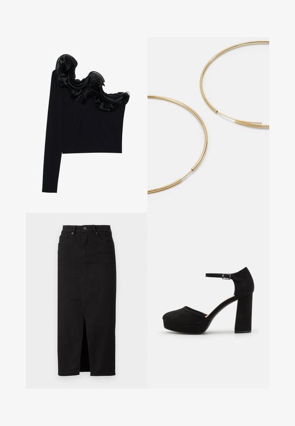Melnā vienas pleca blūze ar viļņotu caurspīdīgu apdari ap kaklu, izgatavota no viegla auduma ar gludu tekstūru.; Melna džinsa svārki ar priekšējo šķēlumu, augstu jostasvietu un tradicionālu piecu kabatu dizainu. Gluda tekstūra un klasisks griezums.; Melna zamšāda platforma ar biezu bloku papēdi, noapaļotu purngalu un potītes siksniņu, kas nostiprināta ar metāla sprādzi. Gluda virsma visā apjomā.; Zelta krāsas auskari gredzena formā, plāni un apaļi, ar gludu metāla apdari un bez rotājumiem vai zīmējumiem.
