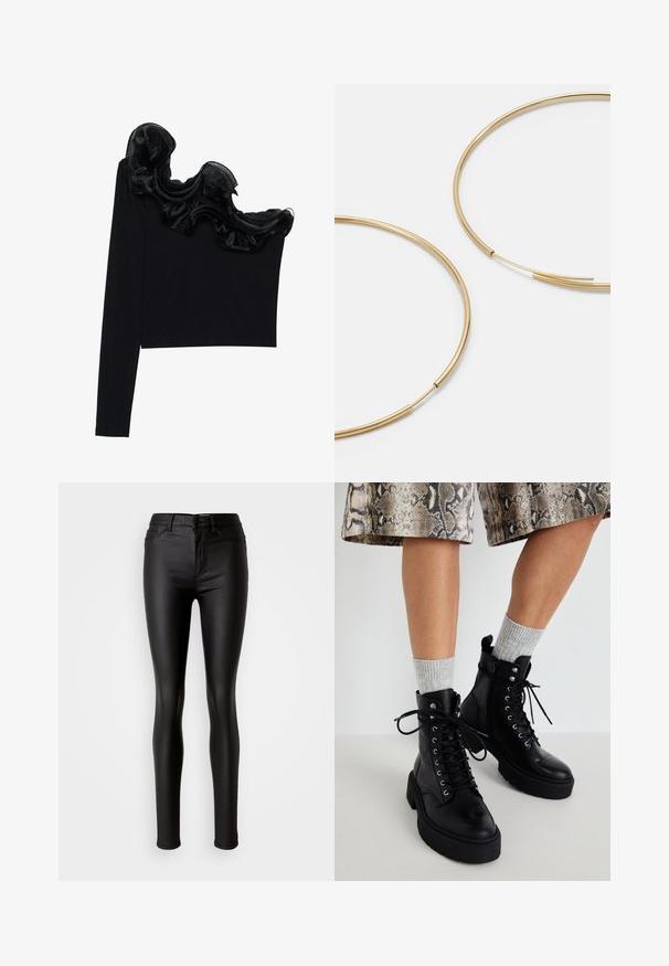Top noir à une épaule avec un overlay transparent froncé le long de l'encolure, fabriqué à partir d'un tissu léger à la texture lisse.; Jean skinny en simili cuir noir avec une texture lisse, taille haute, fermeture bouton et design traditionnel à cinq poches.; Steve Madden GUSTO - Bottines à plateau - black; Boucles d'oreilles en forme de créole dorées, fines et rondes, avec une finition métallique lisse et sans embellissements ni motifs.; Portefeuille en cuir noir avec un rabat, matériel en or, mettant en avant un accent de logo. Inclut une sangle détachable pour le transport.