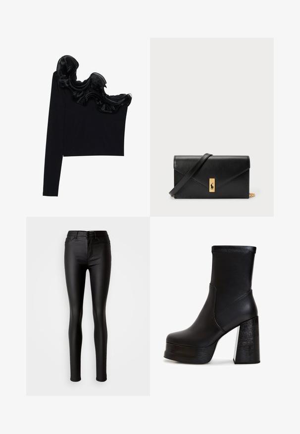 Top negro de un solo hombro con un volante de gasa transparente en el escote, hecho de un tejido ligero con una textura suave.; Jeans skinny de imitación cuero negro con una textura suave, cintura alta, cierre de botón y diseño tradicional de cinco bolsillos.; Botín negro de tobillo hecho de cuero suave. Presenta un tacón alto de bloque con una textura similar a la madera y una plataforma resistente. Detalles de costura en la parte superior.; Billetera de cuero negra con solapa plegable, hardware dorado, que presenta un acento de logo. Incluye una correa desmontable para llevarla.