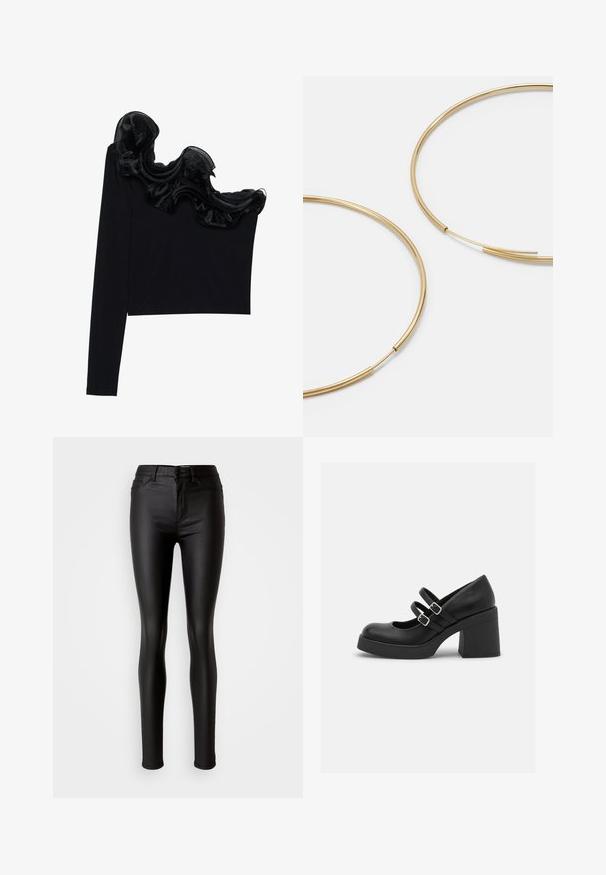 Schwarzes Top mit einem Schulterträger, das mit einem rüschenartigen, transparenten Überzug entlang des Ausschnitts versehen ist, aus leichtem Material mit glatter Textur gefertigt.; Schwarze, enganliegende Skinny Jeans aus Kunstleder mit glatter Textur, hoher Taille, Knopfverschluss und traditionellem Fünf-Taschen-Design.; Call it Spring MONROE - Plateaupumps - black smooth; Goldfarbene Ohrringe in Form von dünnen, runden Kreolen, mit einer glatten, metallischen Oberfläche und ohne Verzierungen oder Muster.; Schwarze Leder-Geldbörse mit Klappverschluss, goldfarbener Hardware und Logo-Akzent. Inklusive abnehmbarem Trageriemen.