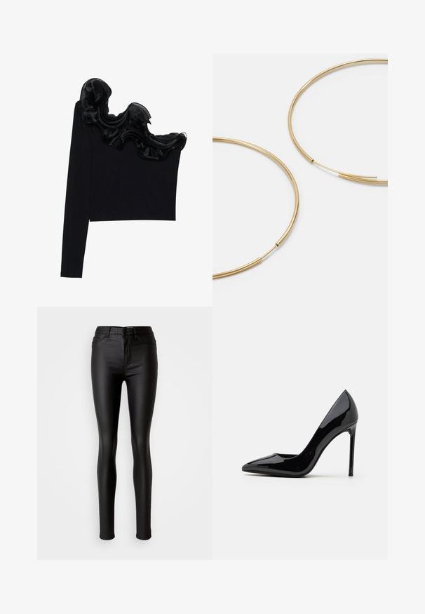Top negro de un solo hombro con un volante de gasa transparente en el escote, hecho de un tejido ligero con una textura suave.; Jeans skinny de imitación cuero negro con una textura suave, cintura alta, cierre de botón y diseño tradicional de cinco bolsillos.; Call it Spring MESMERIZE - Tacones - other black; Pendientes de aro color dorado, delgados y redondos, con un acabado metálico suave y sin adornos ni patrones.; Billetera de cuero negra con solapa plegable, hardware dorado, que presenta un acento de logo. Incluye una correa desmontable para llevarla.
